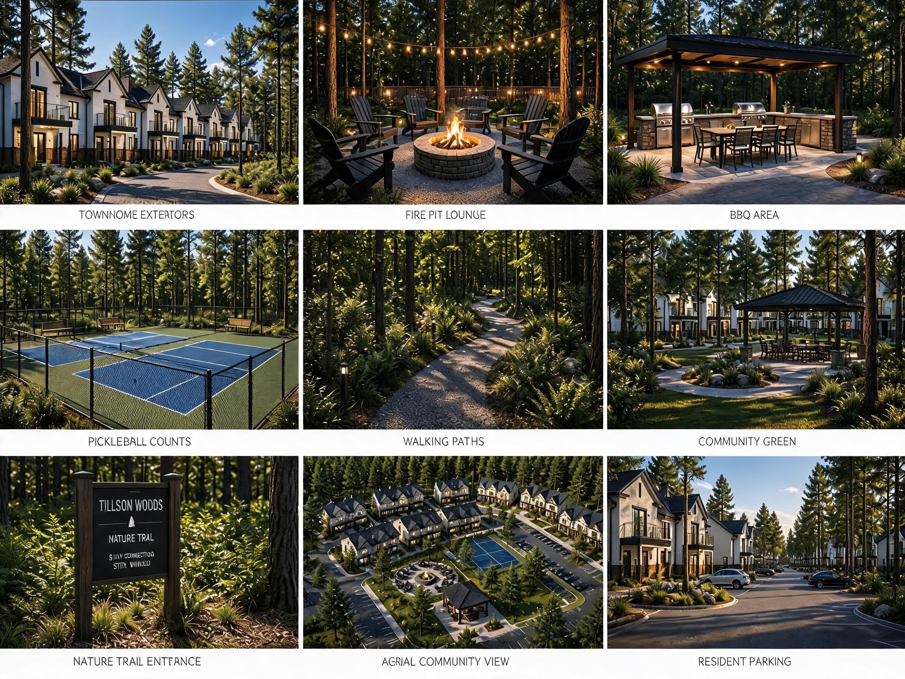 Outdoor amenity collage with fire pit, pavilion, court, paths, and wooded setting.